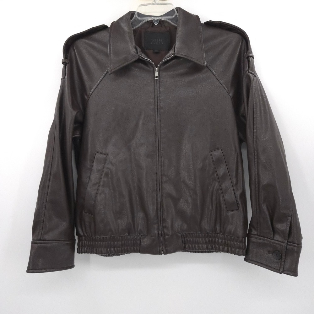 Zara Faux Leather Bomber Jacket Women Size S Brown Epaulettes zip up